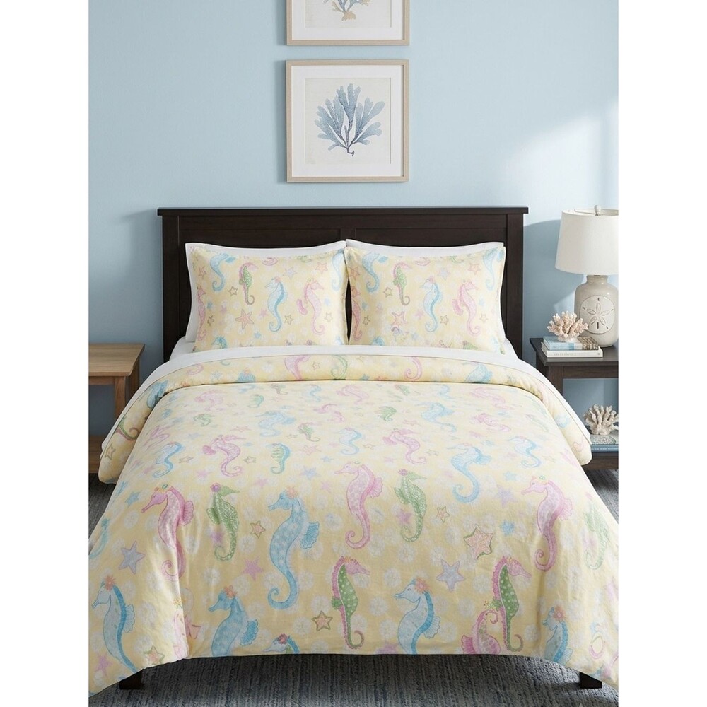 Pottery Barn Kids FULL Seahorse Yellow 100% Cotton Duvet Cover and Two Shams